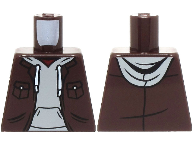 Lego Torso Jacket Open with Pockets over Light Bluish Gray Hoodie and Dark Red Shirt Pattern / Dark Brown