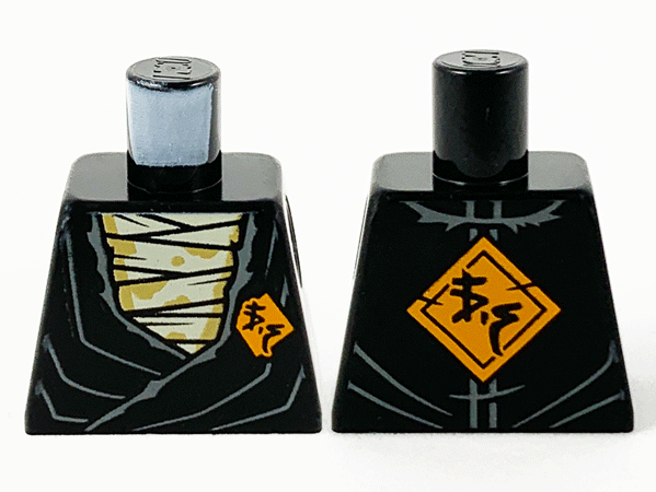 Lego Torso Tunic over Tan Wrappings, Orange Diamond with Black Ninjago Logogram 'VS' on Lapel and Back Pattern / Black
