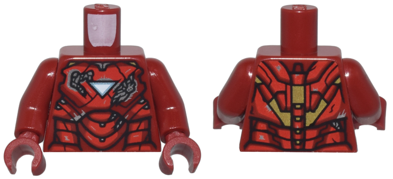 Lego Torso Armor with Metallic Light Blue and White Triangle Arc Reactor, Red Panels Damaged, Gold Trim on Back Pattern (Iron Man Mark 6) / Dark Red Arms / Dark Red Hands
