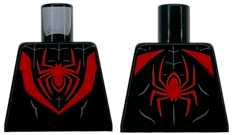 Lego Torso Super Hero Costume with Red Panels and Spider Logo, Dark Bluish Gray Webbing and Muscles Outline Pattern / Black