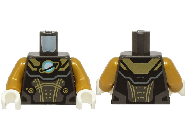 Lego Torso Armor Suit with Gold Panels and Lines, Black, White and Medium Azure Classic Space Logo Pattern / Pearl Gold Arms / White Hands