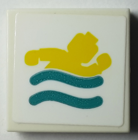Lego Tile 2 x 2 with Yellow Swimming Minifigure and Dark Turquoise Waves Pattern (Sticker) - Set 40385 / White
