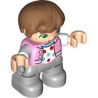 Lego Duplo Figure Child, Hair Combed Forward with Curl Medium Nougat, Light Bluish Gray Legs, Bright Pink Jacket Print