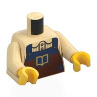 Lego Torso, Tan Sweater, Dark Blue/Reddish Orange Apron with Gold Book Print, Tan Arms, Yellow Hands / Tan