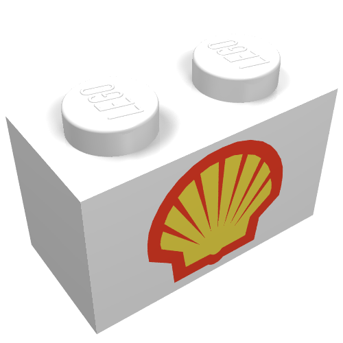 Lego Brick 1 x 2 with Shell Logo Type I Print / White