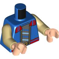 Lego Torso, jacket, Tan Zipper, Red Trim, Dark Bluish Grey/Blue/Bright Blue Shirt Print, Tan Arms, Light Nougat Hands / Blue