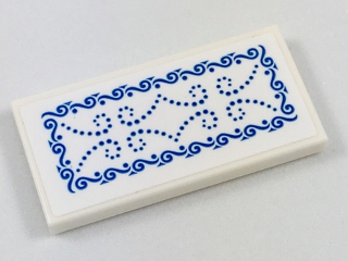 Lego Tile 2 x 4 with Ornate Rug with Blue Scrollwork Pattern (Sticker) - Set 41187 / White