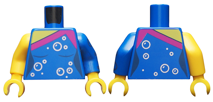 Lego Torso Female Top, Magenta Trim, Silver Bubbles Pattern / Blue Arm Left with Silver Bubbles Pattern / Yellow Arm Right / Yellow Hands