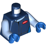 Lego Torso Racing Jacket, Bright Light Blue Collar, Red 'Bugatti' Logo Print, Bright Light Blue Arms, Blue Hands / Dark Blue