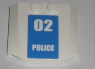 Lego Wedge 4 x 4 x 2/3 Triple Curved with White '02 POLICE' on Blue Background Pattern (Sticker) - Set 7744
