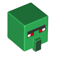 Lego Minifig Head Special, Cube with Nose and Villager Face with Red Eyes Print / Green