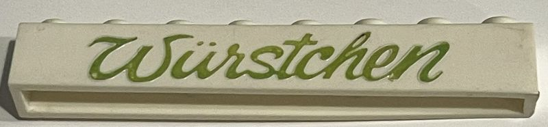 Lego Brick 1 x 8 without Bottom Tubes with Cross Side Supports with Green 'Würstchen' Script Pattern ('Wurstchen') / White