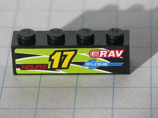 Lego Brick 1 x 4 with Yellow '17' and Red 'HOURZ' and 'eRAV' and 'RUSA' and Black and Lime Flames Pattern Model Right side (Sticker) - Set 8119 / Black