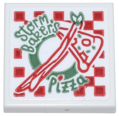 Lego Tile 2 x 2 with Sand Green and Red 'Storm Baker's Pizza' Box Pattern (Sticker) - Set 76218
