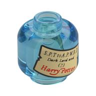 Lego Minifig Head with Tan Label, 'S.P.T. to A.P.W.B.D. Dark Lord and (?) Harry Potter' Print / Trans-Light Blue