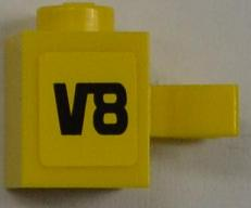 Lego Brick, Modified 1 x 1 with U Clip (Vertical Grip) - Solid Stud with Black 'V8' Pattern Model Left Side (Sticker) - Set 8186