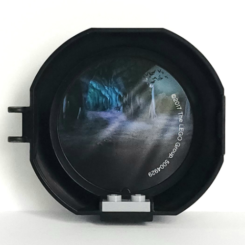 Lego Pod, Round, Half, Back with 1 x 2 Plate Light Bluish Gray with Batman Cave Sticker / Black