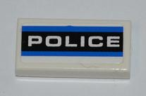 Lego Tile 1 x 2 with Blue Stripes and White 'POLICE' on Black Background Pattern (Sticker) - Set 8197