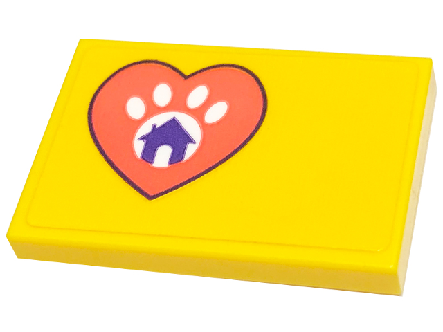Lego Tile 2 x 3 with Coral Heart, Dark Purple House and White Paw Print Pattern Model Right Side (Sticker) - Set 41699 / Yellow
