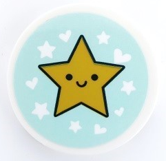 Lego Tile, Round 3 x 3 with Yellow Star with Face, Hearts and Stars on Light Aqua Background Pattern (Sticker) - Set 41450