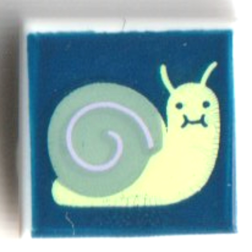 Lego Tile 1 x 1 with Yellowish Green/Sand Green Snail on Dark Blue Background Print