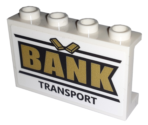 Lego Panel 1 x 4 x 2 with Side Supports - Hollow Studs with Black and Gold 'BANK TRANSPORT' Pattern (Sticker) - Set 60198 / White