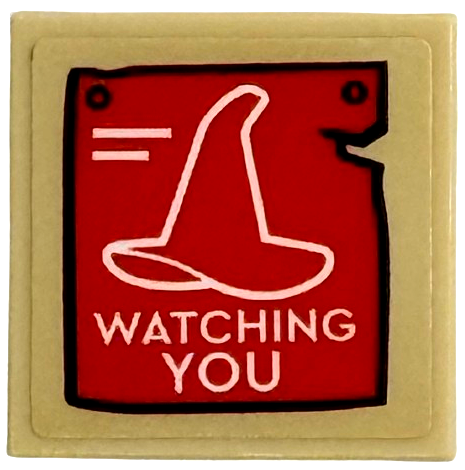 Lego Tile 2 x 2 with White Witch Hat and 'WATCHING YOU' on Red Poster Background Pattern (Sticker) - Set 75687