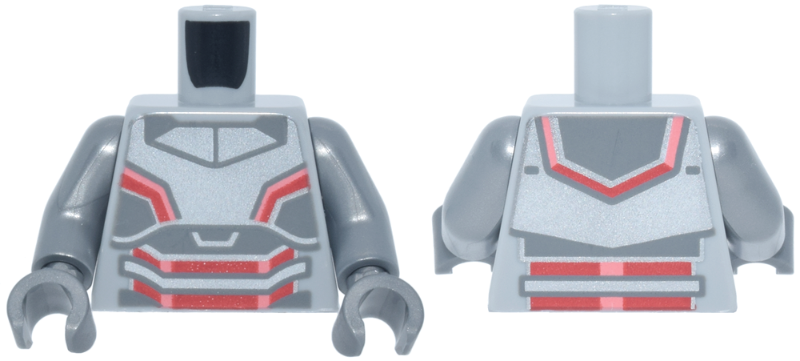 Lego Torso Silver and Dark Bluish Gray Armor, Red and Coral Trim Pattern / Flat Silver Arms / Flat Silver Hands