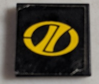Lego Tile 2 x 2 with Yellow Stylized 'LT' on Oval Racing Logo Pattern (Sticker) - Set 8880 / Black