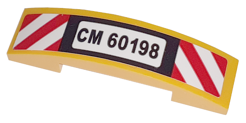 Lego Slope, Curved 4 x 1 x 2/3 Double with 'CM 60198' and Red and White Danger Stripes Pattern (Sticker) - Set 60198 / Bright Light Orange