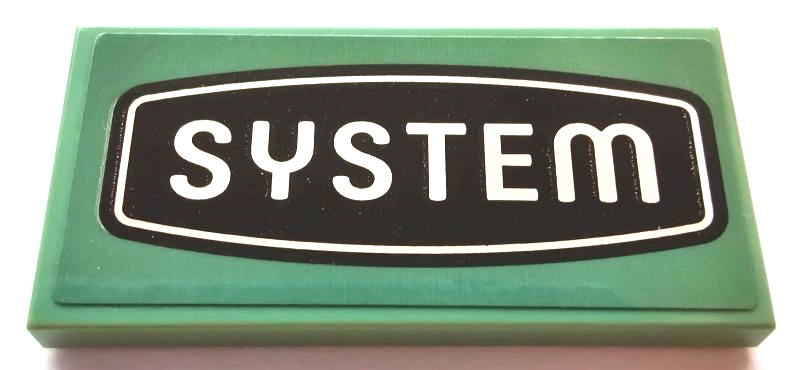 Lego Tile 2 x 4 with Black and White 'SYSTEM' Sign Pattern (Sticker) - Set 21327 / Sand Green