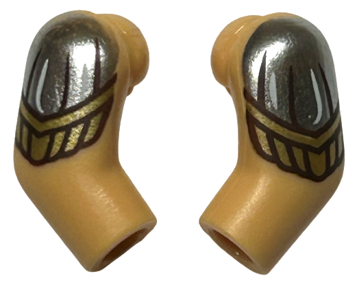 Lego Arm, (Matching Left and Right) Pair with Silver Shoulders with White and Dark Brown Lines and Gold Armor Pattern / Warm Tan