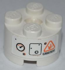 Lego Brick, Round 2 x 2 with Axle Hole with Gauge, Bolted Panel and Black 'WARNING' Pattern (Sticker) - Set 8958 / White