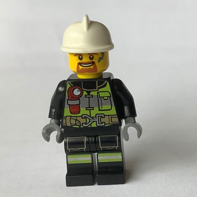 Lego Fireman Fred, Black Fire Suit with Gauge and Straps, White Helmet, Goatee Beard