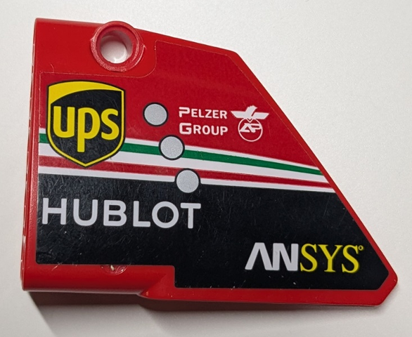 Lego Technic, Panel Fairing #13 Large Short Smooth, Side A with 'PELZER GROUP', 'HUBLOT', 'ANSYS' and UPS Logo Pattern (Sticker) - Set 42125 / Red