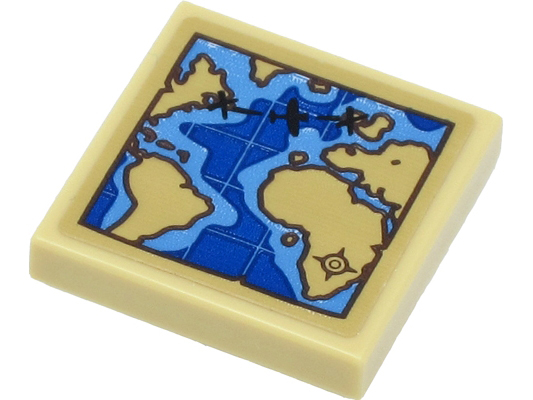 Lego Tile 2 x 2 with World Map with Tan Land, Blue Water and Black Airplane Pattern (Sticker) - Set 40450 / Tan