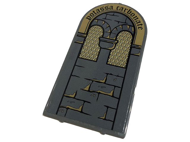Lego Glass for Door Frame 1 x 6 x 7 Arched with Notches and Rounded Pillars with Brick Wall, Lattice Windows and Black 'potassa carbonate' Pattern (Sticker) - Set 76383 / Dark Bluish Gray