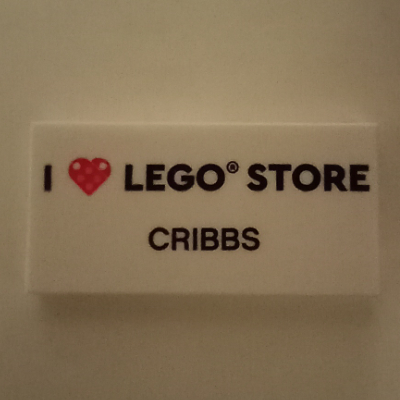 Lego Tile 2 x 4 with 'I heart LEGO® STORE CRIBBS' Print