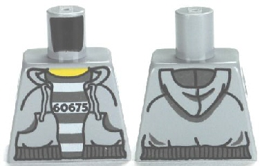 Lego Torso Town Prisoner Number 60675, Hooded Sweatshirt over Prison Stripes Pattern / Light Bluish Gray