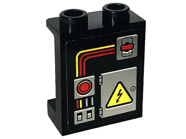 Lego Panel 1 x 2 x 2 with Side Supports - Hollow Studs with Red and Yellow Electrical Switches and Wires and Warning Sign on Door Pattern (Sticker) - Set 60319 / Black