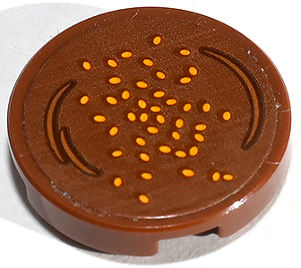 Lego Tile, Round 2 x 2 with Bottom Stud Holder with Curved Lines and Bright Light Orange Sesame Seeds Pattern (Sticker) - Set 41747 / Reddish Brown