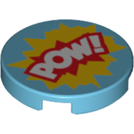 Lego Tile Round 2 x 2 with White 'POW!' over Red and Yellow Text Bubbles Print / Medium Azure