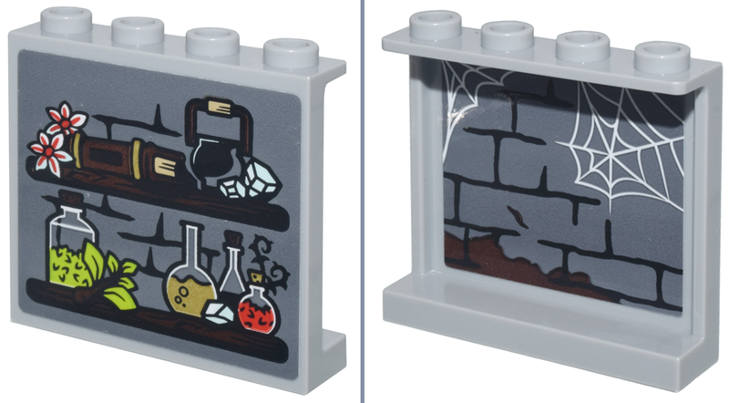 Lego Panel 1 x 4 x 3 with Side Supports - Hollow Studs with Shelves, Potions, Flowers and Book on Outside and Dark Bluish Gray Brick Wall with Black Mortar and White Spider Webs on Inside Pattern (Stickers) - Set 76431 / Light Bluish Gray