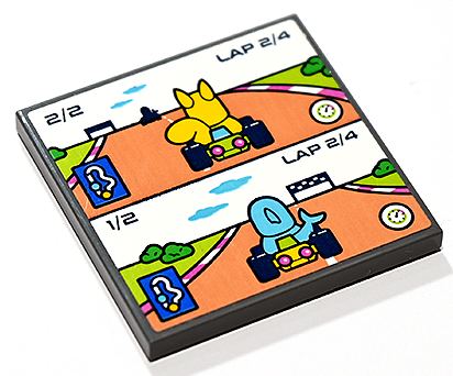 Lego Tile 4 x 4 with Split Screen of Karting Video Game with '2/2', '1/2', 'LAP 2/4', Yellow Fox and Medium Azure Fish Characters Pattern (Sticker) - Set 41748