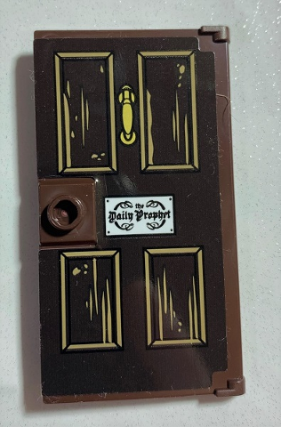 Lego Door 1 x 4 x 6 with Stud Handle with Dark Brown Wooden Door with White 'the Daily Prophet' Sign Plate Pattern (Sticker) - Set 75978 / Dark Brown