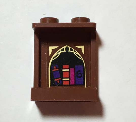 Lego Panel 1 x 2 x 2 with Side Supports - Hollow Studs with Reddish Brown and Gold Arched Alcove and 4 Books Pattern (Sticker) - Set 41188 / Reddish Brown
