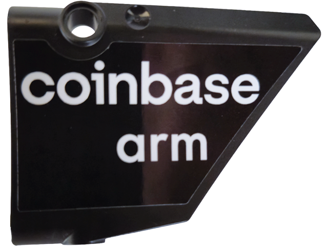 Lego Technic, Panel Inverted Fairing #43 Large Short Smooth, Side B with White 'coinbase' and 'arm' Pattern (Sticker) - Set 42240 / Black