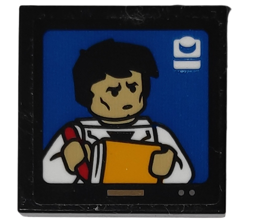 Lego Tile 2 x 2 with TV Screen with Minifigure Holding Red Pen and Yellow Notepad Pattern (Sticker) - Set 10292