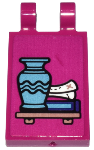 Lego Tile, Modified 2 x 3 with 2 Open O Clips with Copper Shelf, Medium Azure Vase, and White Scroll Map Pattern (Sticker) - Set 43213 / Magenta