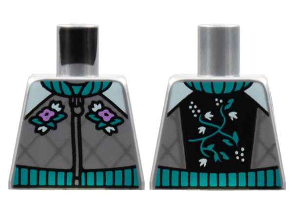 Lego Torso Jacket with Zipper, Dark Turquoise Collar and Waist, Medium Lavender Flowers, Dark Bluish Gray Diagonal Pattern / Flat Silver